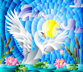 Illustration in stained glass style with Swan , Lotus flowers and reeds on a pond in the sun, sky and clouds