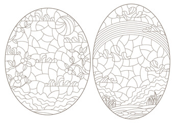 Set of contour illustrations of stained glass Windows with summer landscapes, dark outlines on a white background
