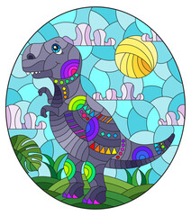A stained glass illustration with a cute cartoon dinosaur on the background of fields and sky, oval image