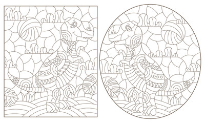 A set of contour illustrations in the style of stained glass with cute dinosaurs, dark contours on a white background