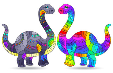 Fototapeta premium A set of illustrations in the style of stained glass with bright dinosaurs, animals isolated on a white background