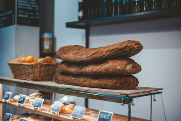 Varieties of bread on display in cafe