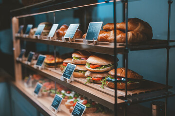 Varieties of bread specialties arranged on display in cafe