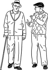 Old man talking Senior People friendship Hand drawn Line art Illustration