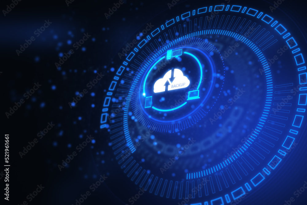 Poster Creative glowing cloud hologram on blurry dark background. Cloud computing, big data backup concept. 3D Rendering.