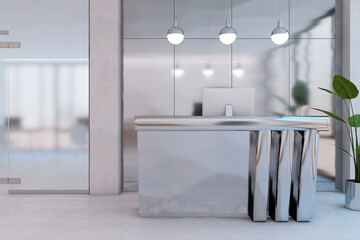 Contemporary lobby interior with silver reception desk, seating and decortaive items. Waiting area concept. 3D Rendering.