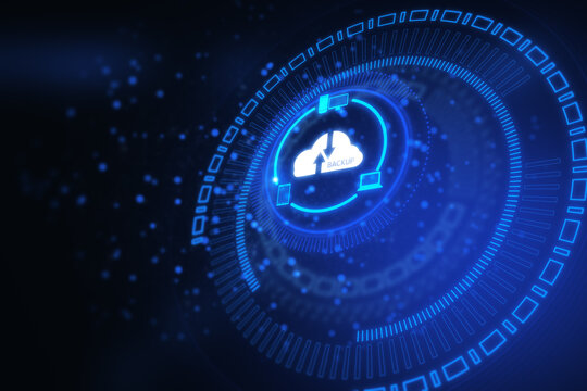 Creative glowing cloud hologram on blurry dark background. Cloud computing, big data backup concept. 3D Rendering.