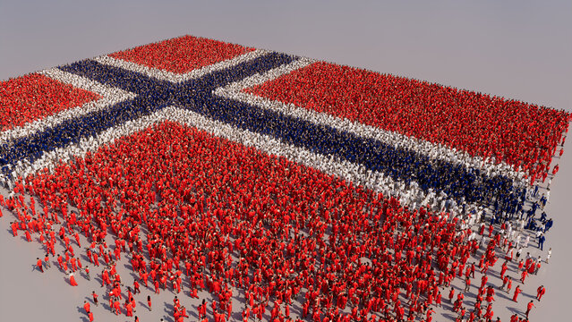 A Crowd of People congregating to form the Flag of Norway. Norwegian Banner on White.