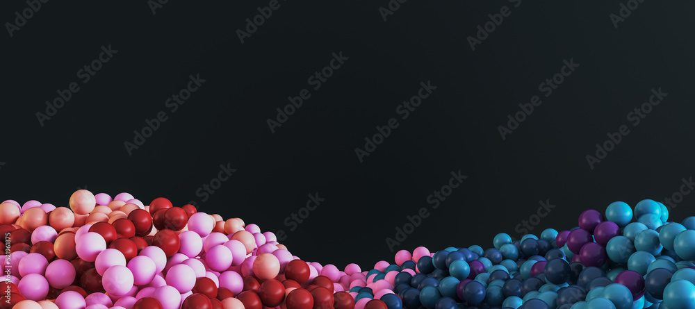 Aufkleber Abstract wide colorful bubbles on black background with mock up place for text and advertisement. Design and banner concept. 3D Rendering.