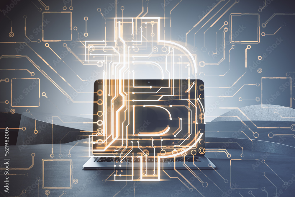 Aufkleber close up of modern workplace with laptop and creative glowing bitcoin circuit hologram on blurry bac