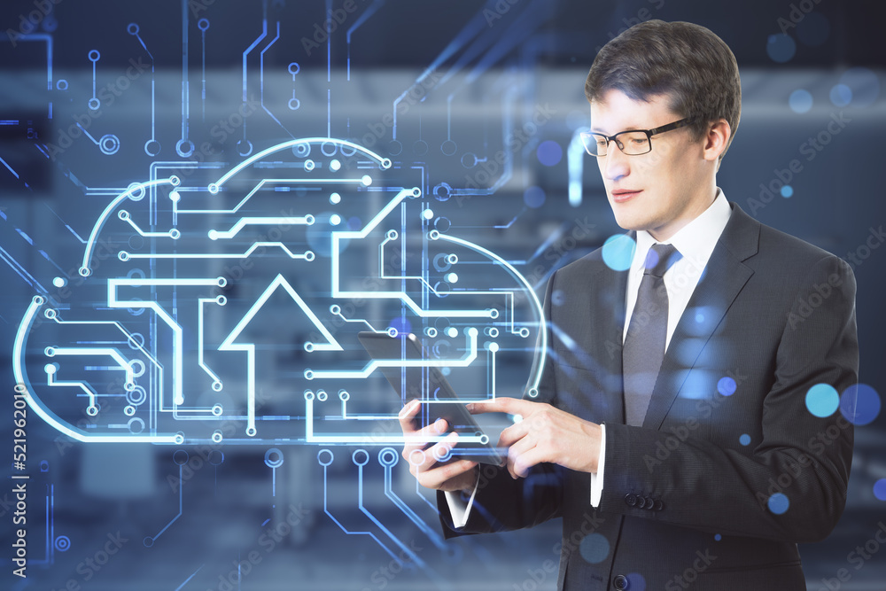 Poster attractive young european businessman using tablet with abstract glowing circuit cloud hologram on b