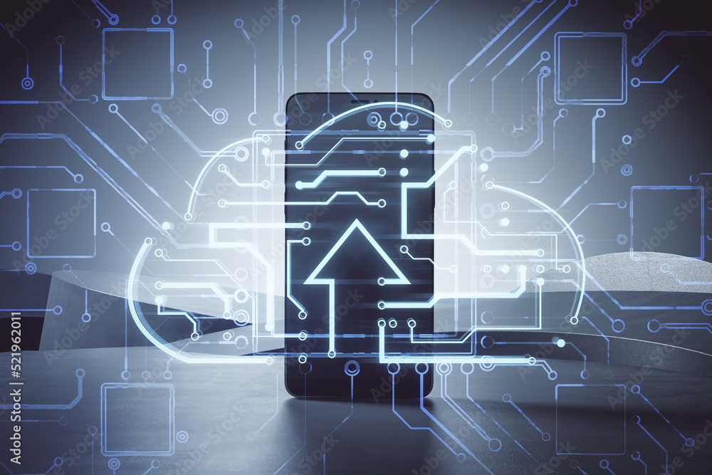 Poster Close up of smartphone on abstract desktop with glowing circuit cloud hologram on blurry background. Big data and technology concept. Double exposure.
