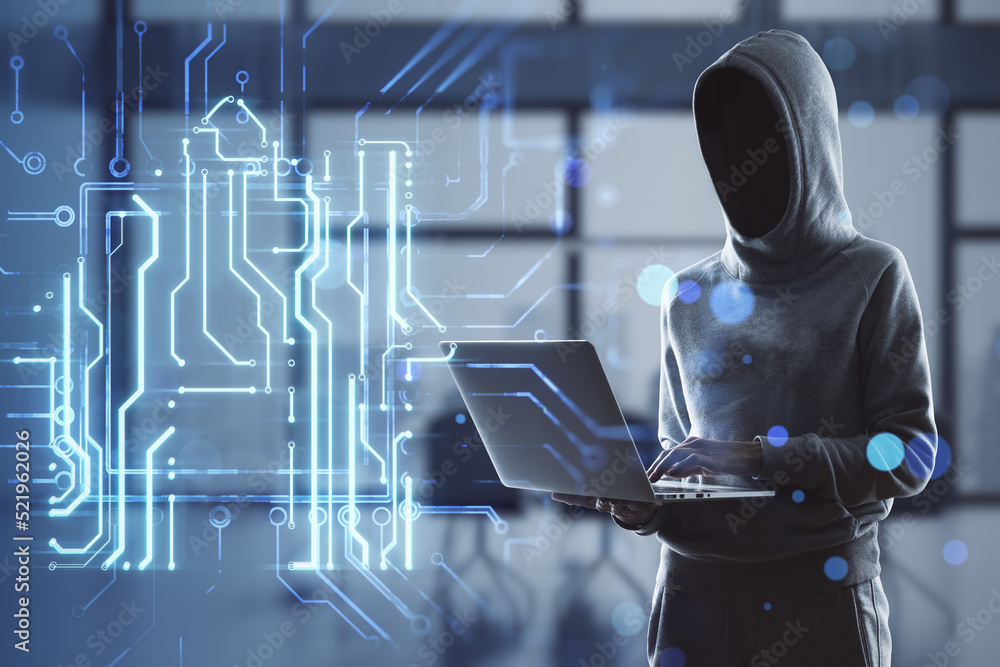 Poster hacker using laptop with creative house chip circuit hologram on blurry office interior background a