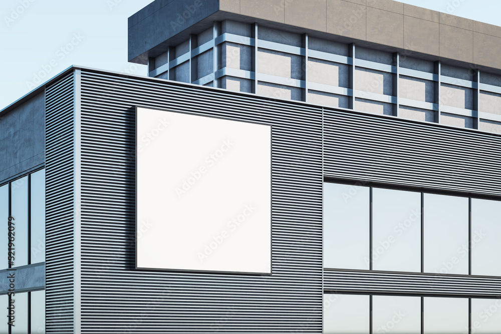 Poster luxury building exterior with empty white mock up banner billboard on sky background. ad and commerc