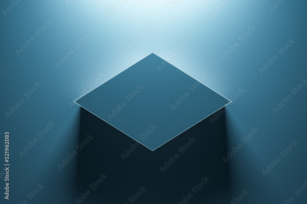 Poster Creative illuminated blue rhombus with mock up place on background. 3D Rendering.