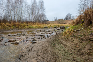 Small parched forest river in an autumn evening