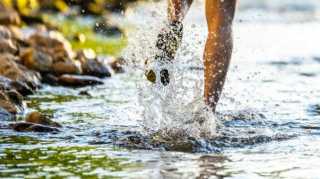 Man running through river splashing water