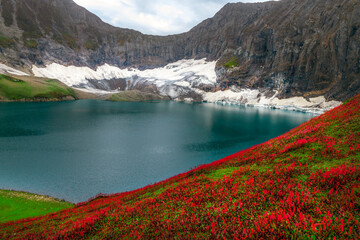 lake in the mountains, beautiful blue lake in the snow mountains with red flowers and blue sky 
