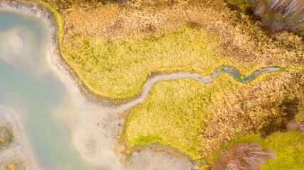 Aerial view of beautiful curving the river bank and the stream flowing into it. View from air. Turns of river, meadows, orange grass, trees at dawn. 