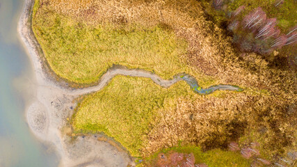 Aerial view of beautiful curving the river bank and the stream flowing into it. View from air. Turns of river, meadows, orange grass, trees at dawn. 