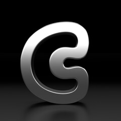 Metallic alphabet of letter C. Typography silver font. Volumetric alphabet design. Night show alphabet. 3d Rendering isolated on black background.