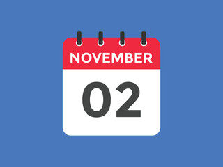 november 2 calendar reminder. 2nd november daily calendar icon template. Calendar 2nd november icon Design template. Vector illustration
