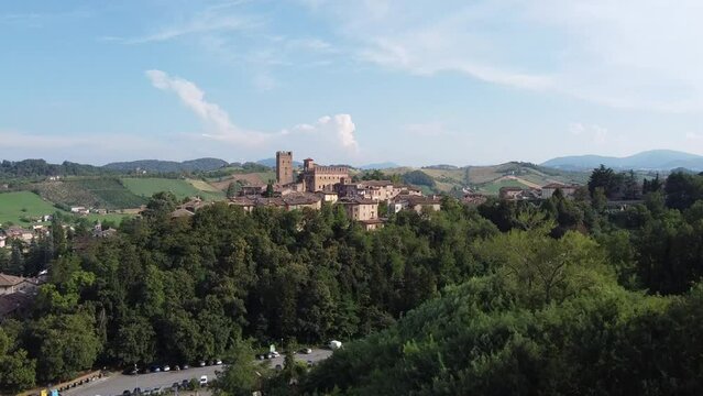 drone aerial view castell'arquato medieval town in emilia romagna, italy