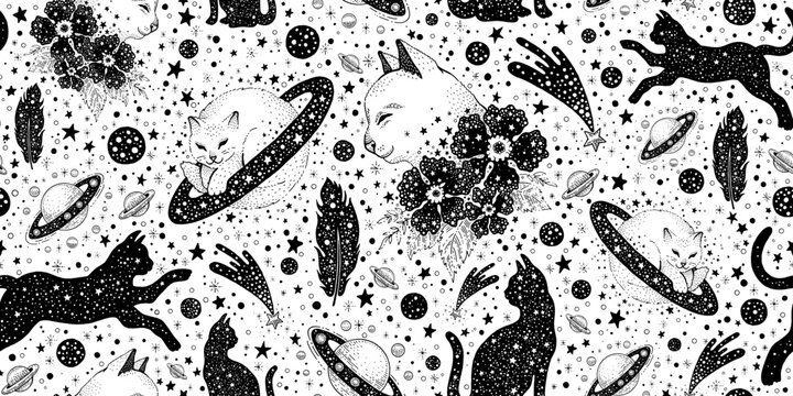 Mystic cat pattern. Anime tattoo space background. Japanese black tatoo with sleeping cat. Girl witchcraft cute art. Old esoteric Galaxy wallpaper. Halloween witch abstract seamless black line pattern