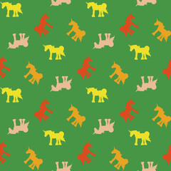 Seamless pattern with yellow and orange unicorns on green background. Vector image.