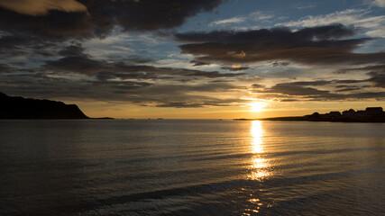 Fototapeta premium Sunset on Ramberg Beach, in the Lofoten Archipelago