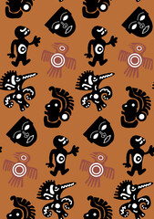Fototapeta premium Abstract Hand Drawing Ethnic Mayan Aztec Masks Birds Ancient Shapes Icons Symbols Seamless Vector Pattern Isolated Background