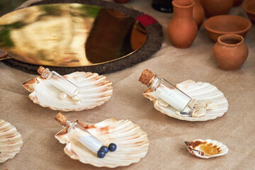 Ancient Roman cosmetics made of mother of pearl, retro perfume and vintage bath accessories....