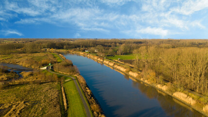 Aerial view of the Scheldt river, in Wichelen, Belgium