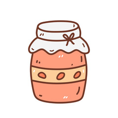 Cute jar of strawberry jam isolated on white background. Vector hand-drawn illustration in doodle style. Perfect for cards, logo, decorations, recipes, menu, various designs.