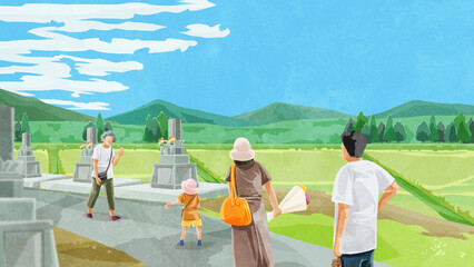 お盆にお墓参りする人たち手書き水彩風イラスト