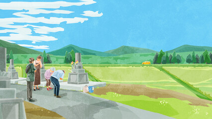 お盆にお墓参りする人たち手書き水彩風イラスト