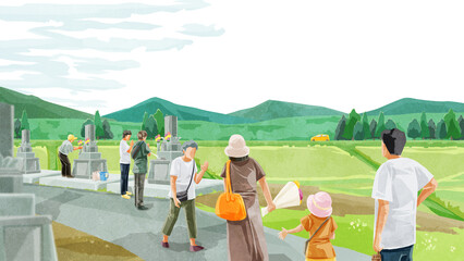 お盆にお墓参りする人たち手書き水彩風イラスト
