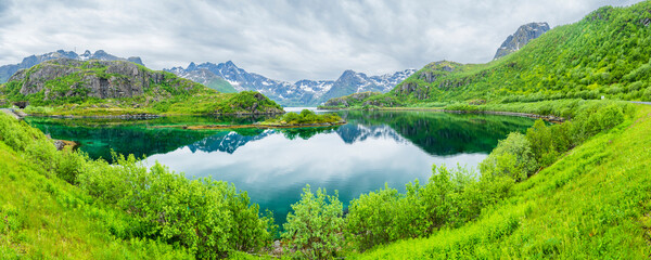 Norway, Nordland, Nusfjord, Scenic view of Hadselfjord on Austvagoya island