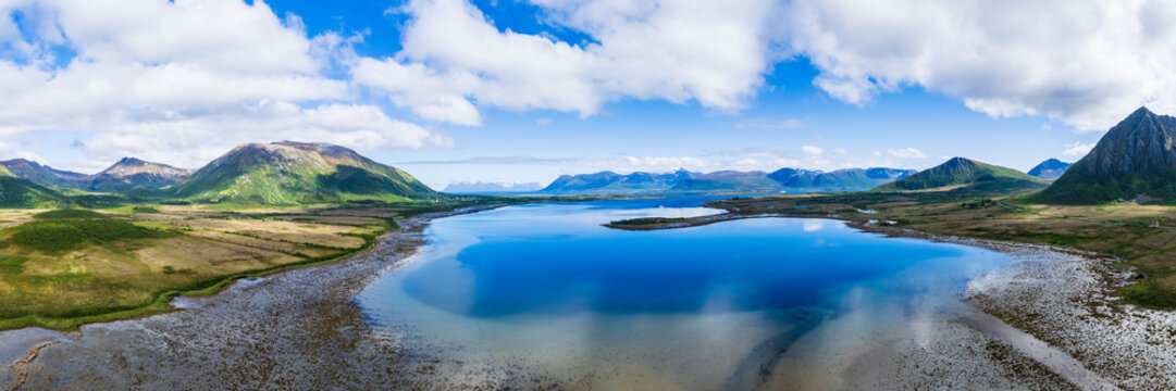 Norway, Nordland, Drone panorama of scenic coastline of Andoya island