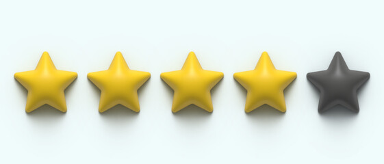 Glossy yellow 3d four star rating. 3D render image. 4 stars of 5. Golden star shape. Quality of service measurement. Ranking system, review symbol. Classification and statistics. Rate button symbol - obrazy, fototapety, plakaty