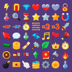 Game icons set vector isolated. Big collection of colorful symbols for games. Leaf, coin, different weapons and gift. Cartoon illustrations. Mobile game elements.