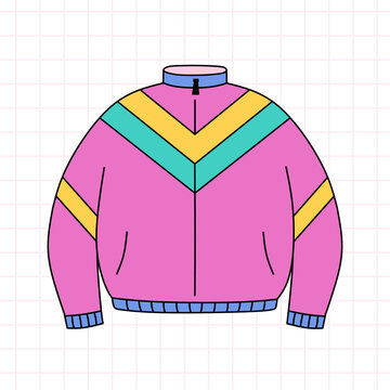 recommend clip art: Retro sport jacket in the style of the 90s. Old-school clothes. Vector hand-drawn doodle illustration isolated on white background.  Nostalgia for the 1990s. Perfect for cards, decorations, logo