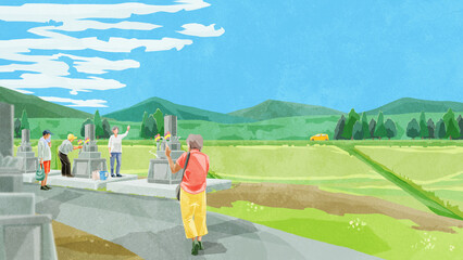 お盆にお墓参りする人たち手書き水彩風イラスト