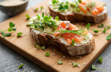Sandwiches with salted salmon,  avocado and microgreens.