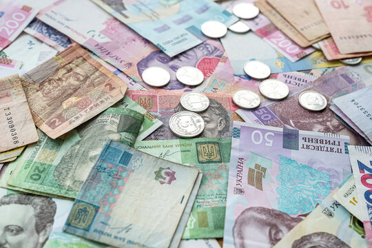 hryvnia bills and coins, saving finance concept