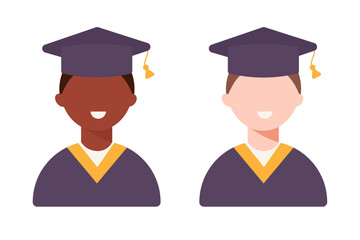 Different male student smiling on graduation day in flat style. Vector illustration.