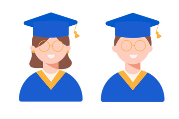 A student with glasses in a blue gown smiles on graduation day. Man and woman in flat style. Vector illustration.