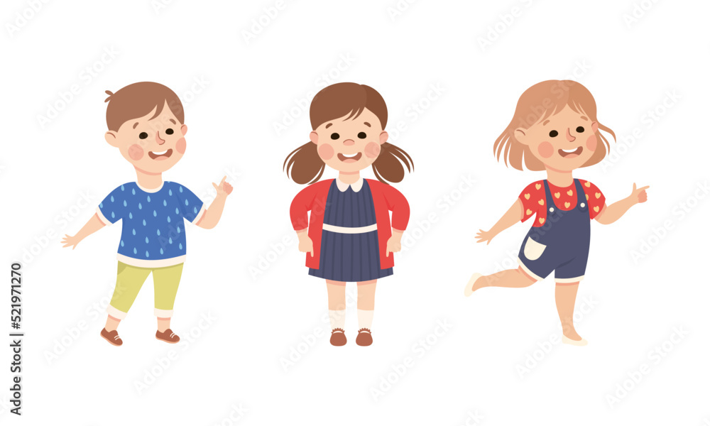 Poster funny kids pointing at something with extending hand and index finger vector set