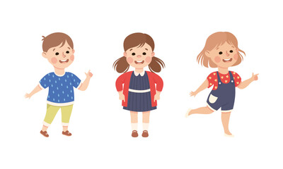 Funny Kids Pointing at Something with Extending Hand and Index Finger Vector Set