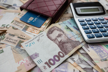 business money background ukraine money credit card and calculator